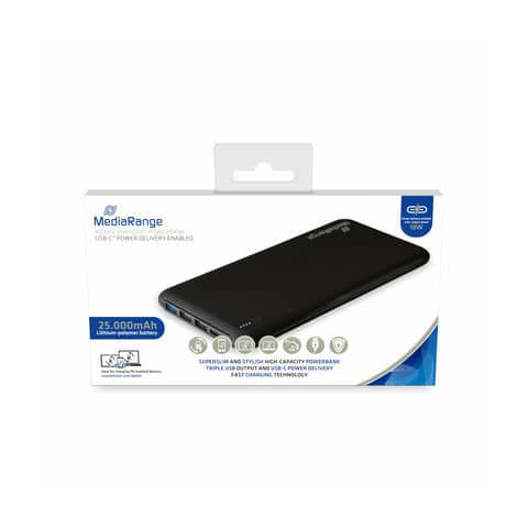 Powerbank 25.000 mAh 3x USB-A e 1x USB-C Media Range nero MR754